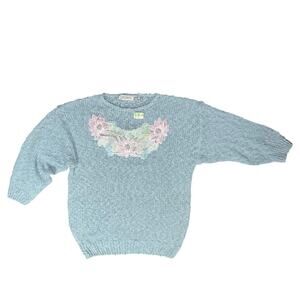 Pretense Vintage Floral Embroidered Sweater 24W Blue Knit NWT